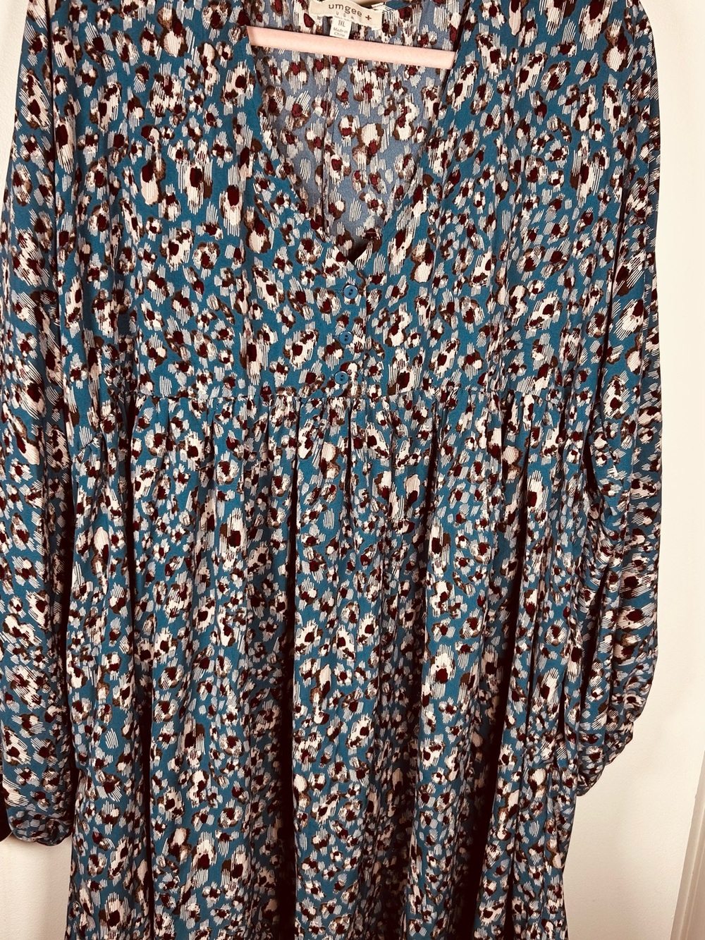 Umgee Teal Animal-Print V-Neck Tunic Babydoll Dress /Pockets
